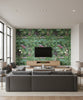 Floral Contemporary Floral - Green, Violet, and Pink | Architectural Wallcoverings - Living Room Visualization (AI-generated, may not be to scale. Verify pattern scale with product specifications.)