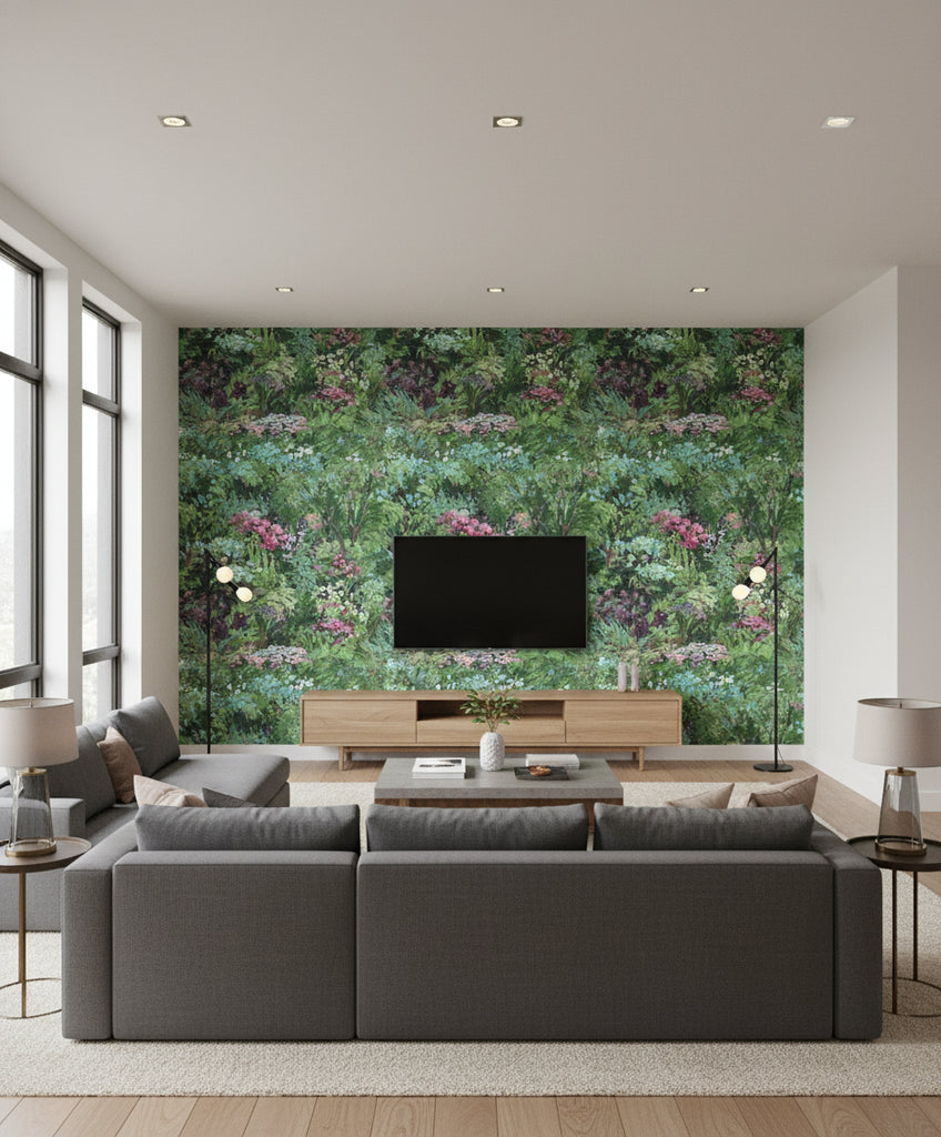 Floral Contemporary Floral - Green, Violet, and Pink | Architectural Wallcoverings - Living Room Visualization (AI-generated, may not be to scale. Verify pattern scale with product specifications.)