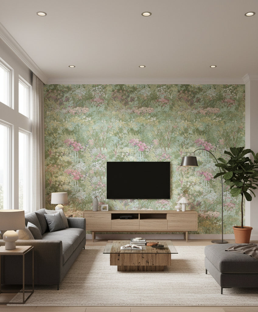 Floral Contemporary Floral Metallic Teal Green | Architectural Wallcoverings - Living Room Visualization (AI-generated, may not be to scale. Verify pattern scale with product specifications.)