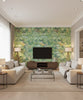 Floral Contemporary Floral Metallic Aqua Forest Green | Architectural Wallcoverings - Living Room Visualization (AI-generated, may not be to scale. Verify pattern scale with product specifications.)