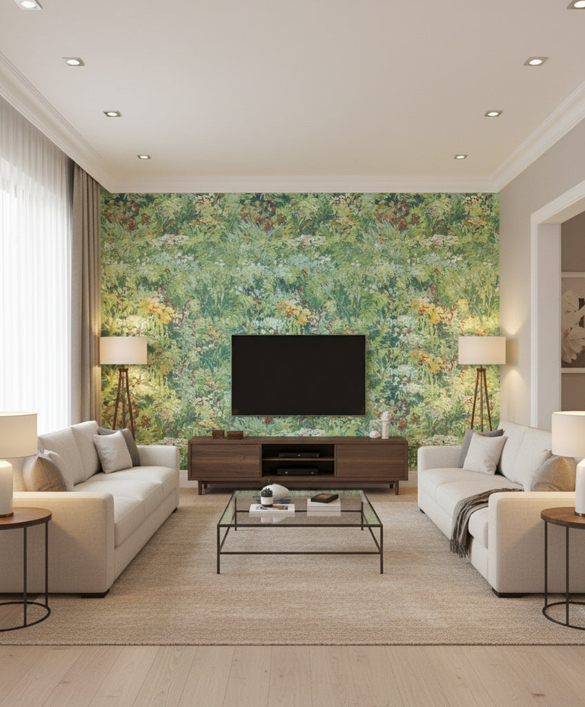 Floral Contemporary Floral Metallic Aqua Forest Green | Architectural Wallcoverings - Living Room Visualization (AI-generated, may not be to scale. Verify pattern scale with product specifications.)