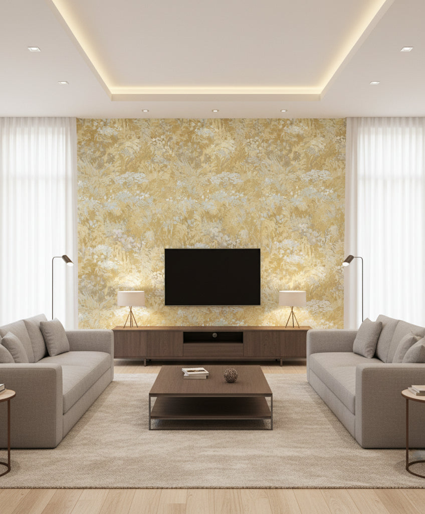 Floral Contemporary Floral Metallic Powder Blue Gold | Architectural Wallcoverings - Living Room Visualization (AI-generated, may not be to scale. Verify pattern scale with product specifications.)