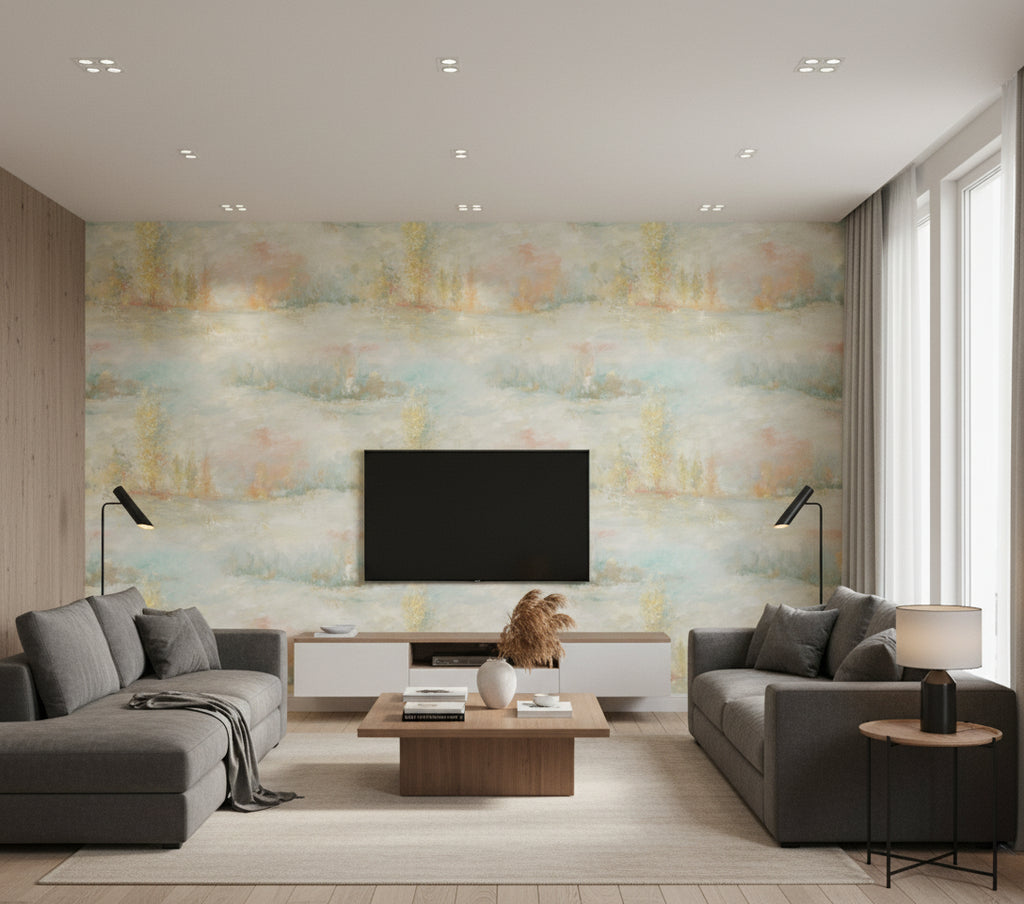 Tree Line Contemporary Botanical Metallic Yellow Gold Seafoam | Architectural Wallcoverings - Living Room Visualization (AI-generated, may not be to scale. Verify pattern scale with product specifications.)