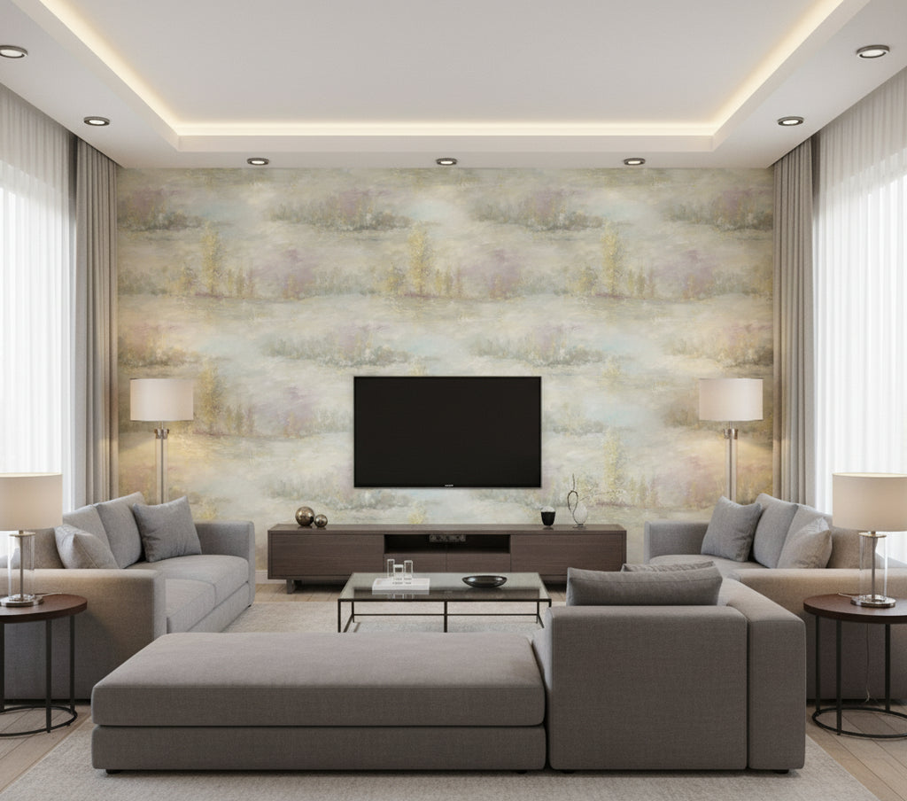 Tree Line Contemporary Botanical Metallic Gold Powder Blue | Architectural Wallcoverings - Living Room Visualization (AI-generated, may not be to scale. Verify pattern scale with product specifications.)