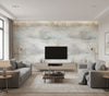 Tree Line Contemporary Botanical Metallic Champagne and Purple Haze | Architectural Wallcoverings - Living Room Visualization (AI-generated, may not be to scale. Verify pattern scale with product specifications.)
