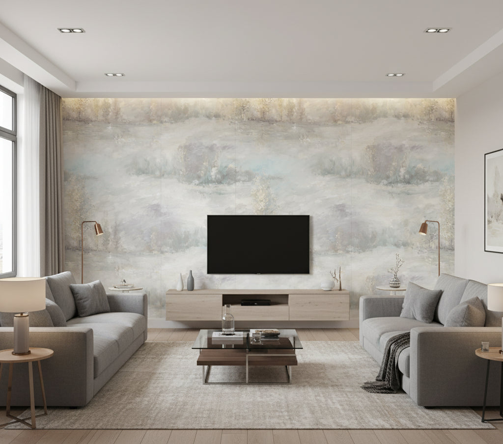 Tree Line Contemporary Botanical Metallic Champagne and Purple Haze | Architectural Wallcoverings - Living Room Visualization (AI-generated, may not be to scale. Verify pattern scale with product specifications.)