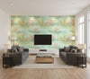 Tree Line Contemporary Botanical Metallic Teal Gold | Architectural Wallcoverings - Living Room Visualization (AI-generated, may not be to scale. Verify pattern scale with product specifications.)