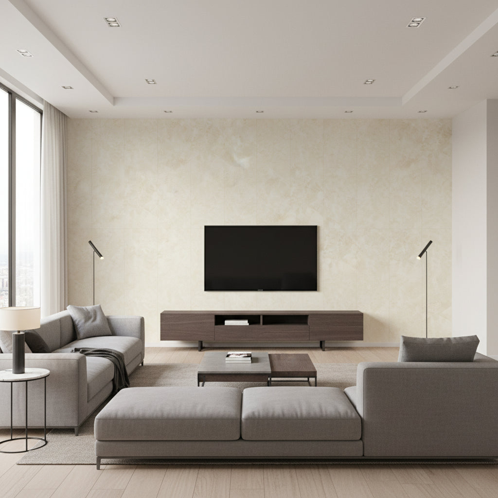 Faux Contemporary Faux Metallic Champagne and Creamsickle | Architectural Wallcoverings - Living Room Visualization (AI-generated, may not be to scale. Verify pattern scale with product specifications.)