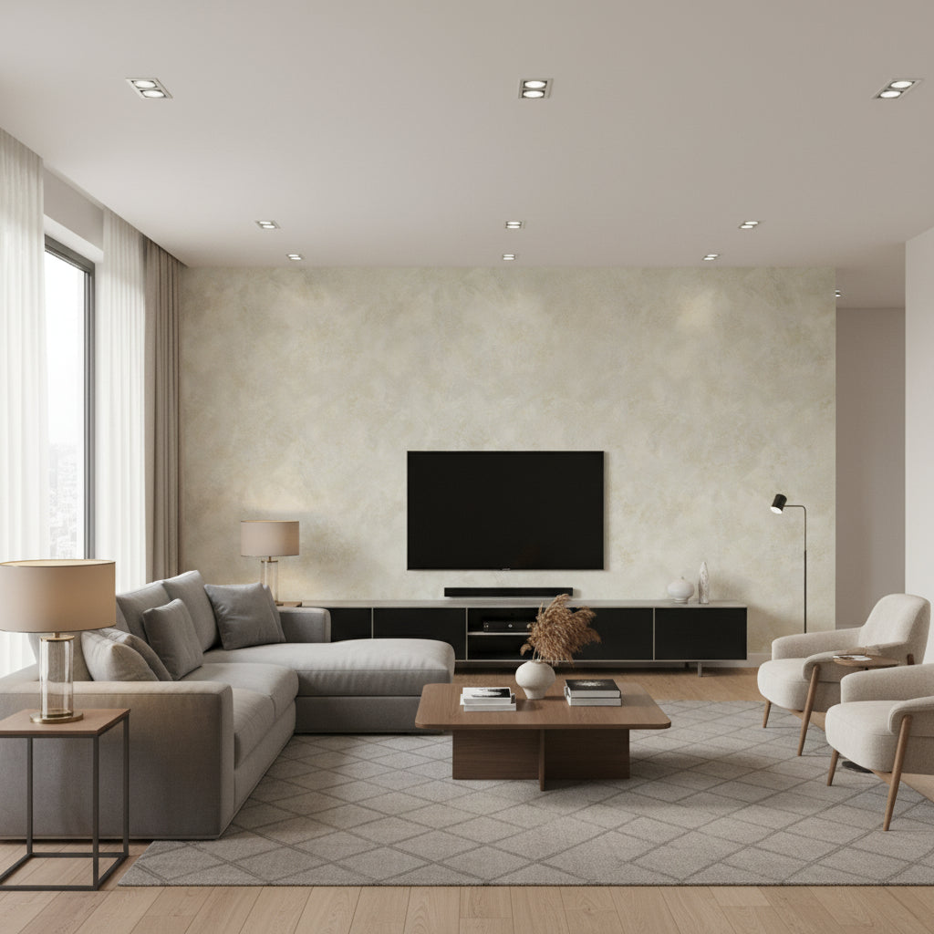 Faux Contemporary Faux Metallic Champagne and White | Architectural Wallcoverings - Living Room Visualization (AI-generated, may not be to scale. Verify pattern scale with product specifications.)