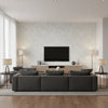 Faux Contemporary Faux Metallic Ivory Powder Blue | Architectural Wallcoverings - Living Room Visualization (AI-generated, may not be to scale. Verify pattern scale with product specifications.)