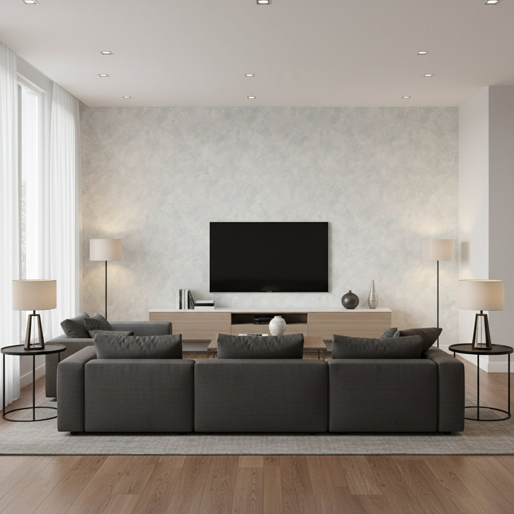 Faux Contemporary Faux Metallic Ivory Powder Blue | Architectural Wallcoverings - Living Room Visualization (AI-generated, may not be to scale. Verify pattern scale with product specifications.)