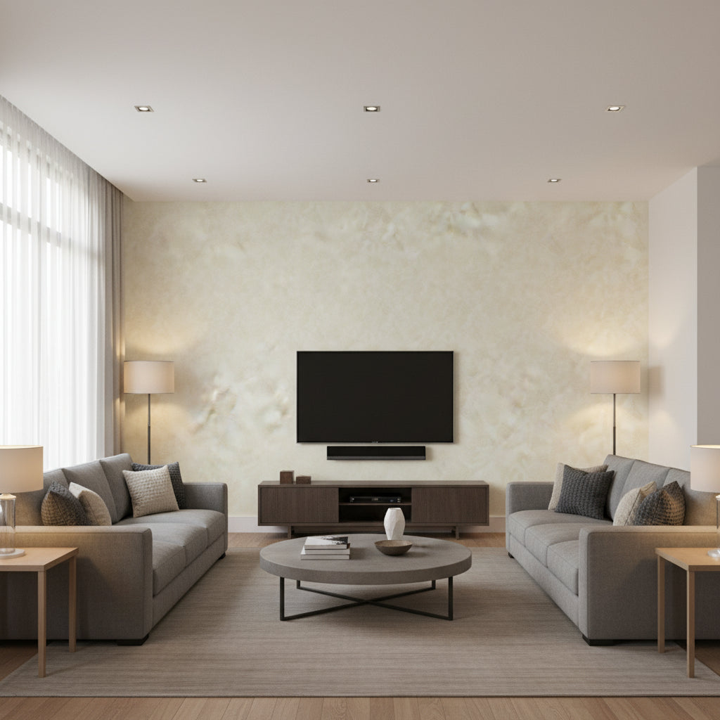 Faux Contemporary Faux Metallic Gold and White | Architectural Wallcoverings - Living Room Visualization (AI-generated, may not be to scale. Verify pattern scale with product specifications.)