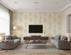 Damask Contemporary Damask Metallic Tan | Architectural Wallcoverings - Living Room Visualization (AI-generated, may not be to scale. Verify pattern scale with product specifications.)