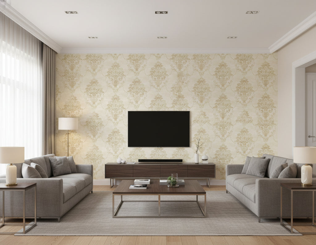 Damask Contemporary Damask Metallic Tan | Architectural Wallcoverings - Living Room Visualization (AI-generated, may not be to scale. Verify pattern scale with product specifications.)