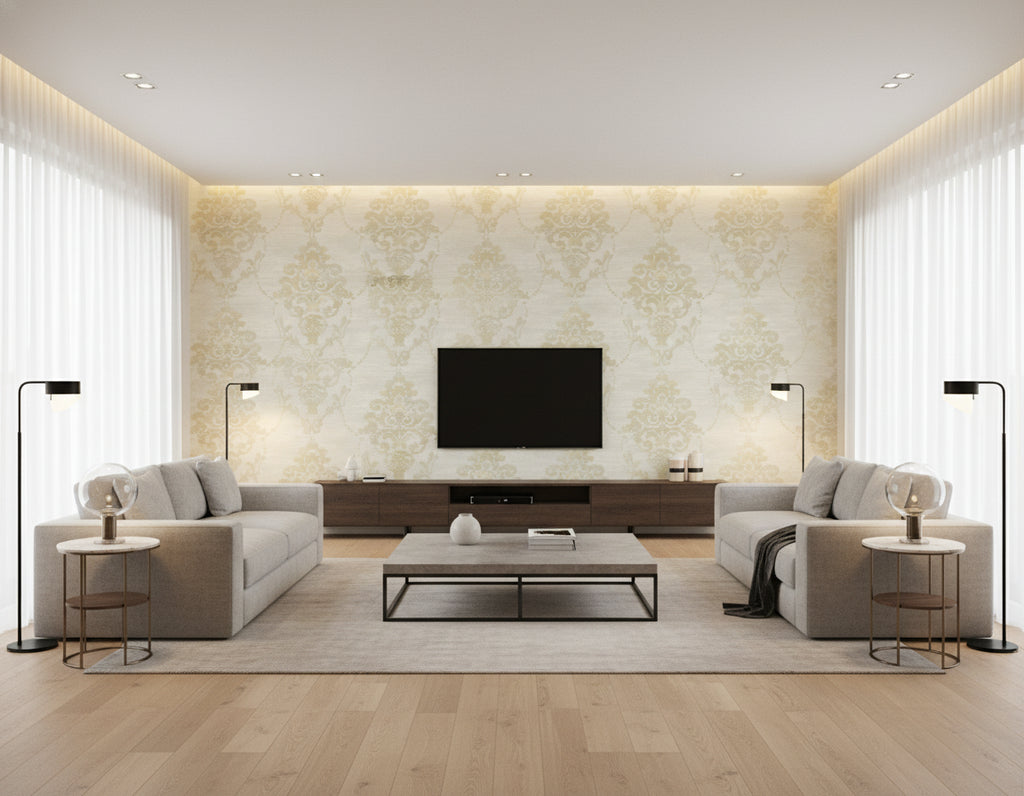 Damask Contemporary Damask Metallic Cream and Tan | Architectural Wallcoverings - Living Room Visualization (AI-generated, may not be to scale. Verify pattern scale with product specifications.)