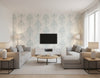 Damask Contemporary Damask Metallic Pearl and Powder Blue | Architectural Wallcoverings - Living Room Visualization (AI-generated, may not be to scale. Verify pattern scale with product specifications.)