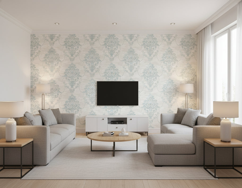 Damask Contemporary Damask Metallic Pearl and Powder Blue | Architectural Wallcoverings - Living Room Visualization (AI-generated, may not be to scale. Verify pattern scale with product specifications.)