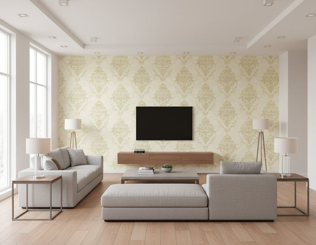 Damask Contemporary Damask Metallic Cream | Architectural Wallcoverings - Living Room Visualization (AI-generated, may not be to scale. Verify pattern scale with product specifications.)