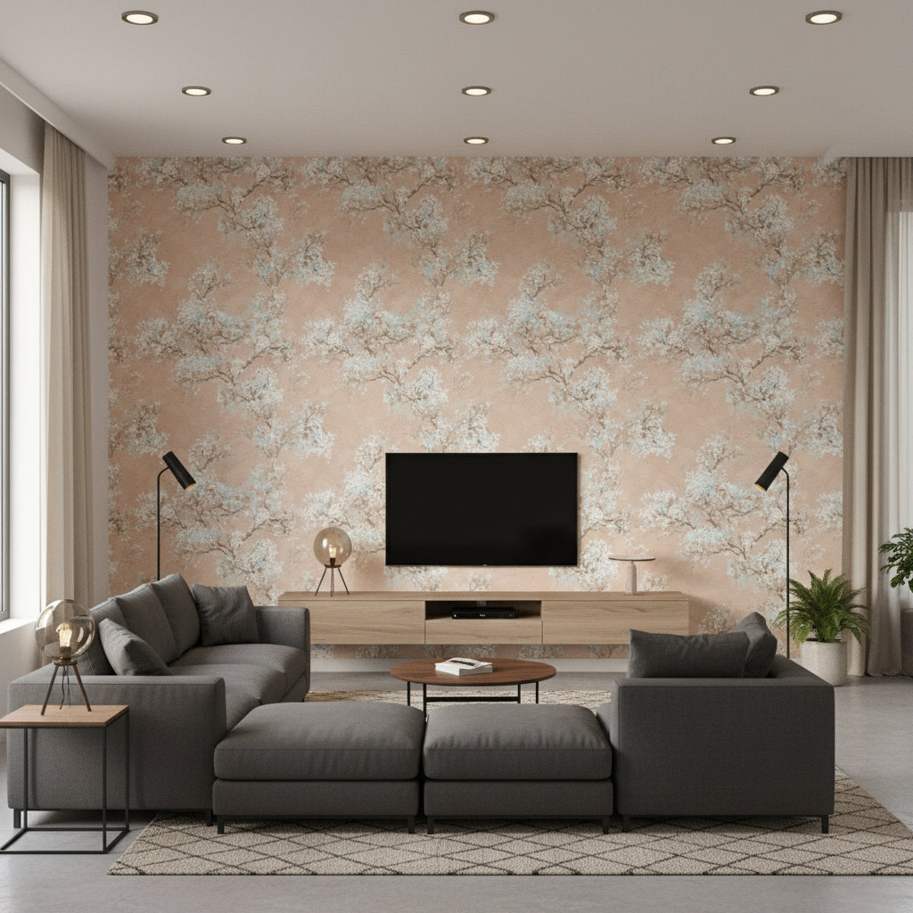 Cherry Blossoms Contemporary Floral Blush White | Architectural Wallcoverings - Living Room Visualization (AI-generated, may not be to scale. Verify pattern scale with product specifications.)