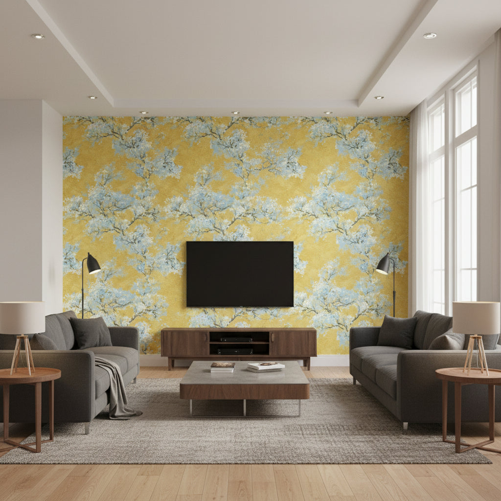 Cherry Blossoms Contemporary Floral Gold White | Architectural Wallcoverings - Living Room Visualization (AI-generated, may not be to scale. Verify pattern scale with product specifications.)