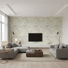 Cherry Blossoms Contemporary Floral Metallic Champagne White | Architectural Wallcoverings - Living Room Visualization (AI-generated, may not be to scale. Verify pattern scale with product specifications.)