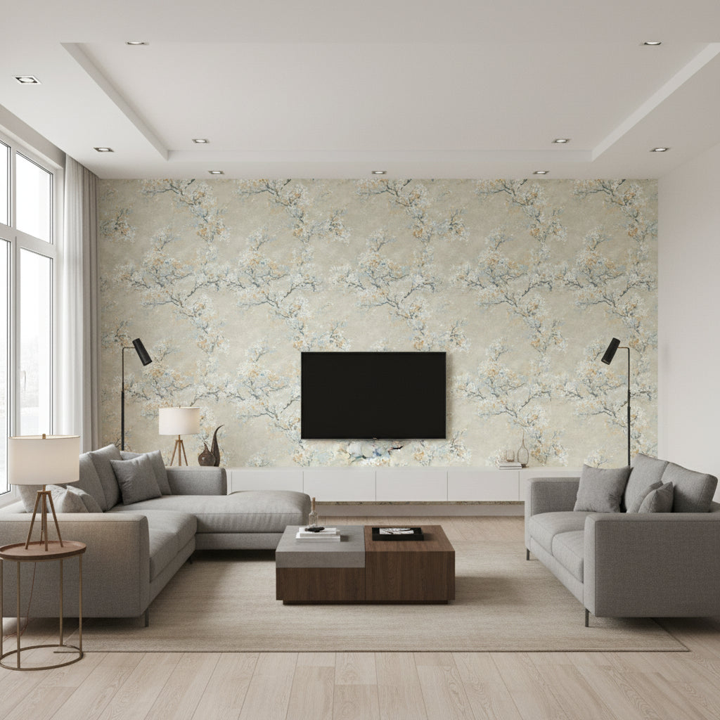 Cherry Blossoms Contemporary Floral Metallic Champagne White | Architectural Wallcoverings - Living Room Visualization (AI-generated, may not be to scale. Verify pattern scale with product specifications.)