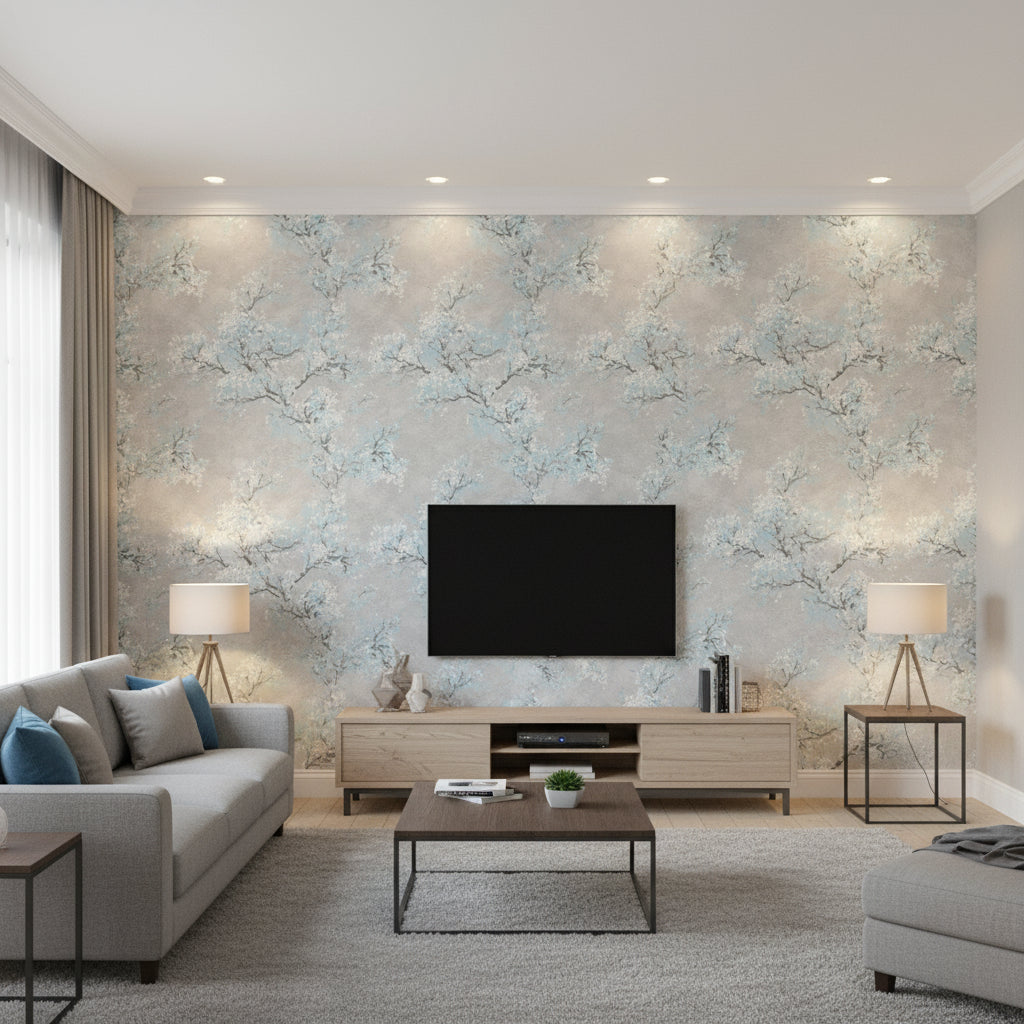 Cherry Blossoms Contemporary Floral Metallic Silver and Sky Blue | Architectural Wallcoverings - Living Room Visualization (AI-generated, may not be to scale. Verify pattern scale with product specifications.)