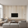 Stripe Contemporary Striped Metallic Pearl and Dusty Rose | Architectural Wallcoverings - Living Room Visualization (AI-generated, may not be to scale. Verify pattern scale with product specifications.)