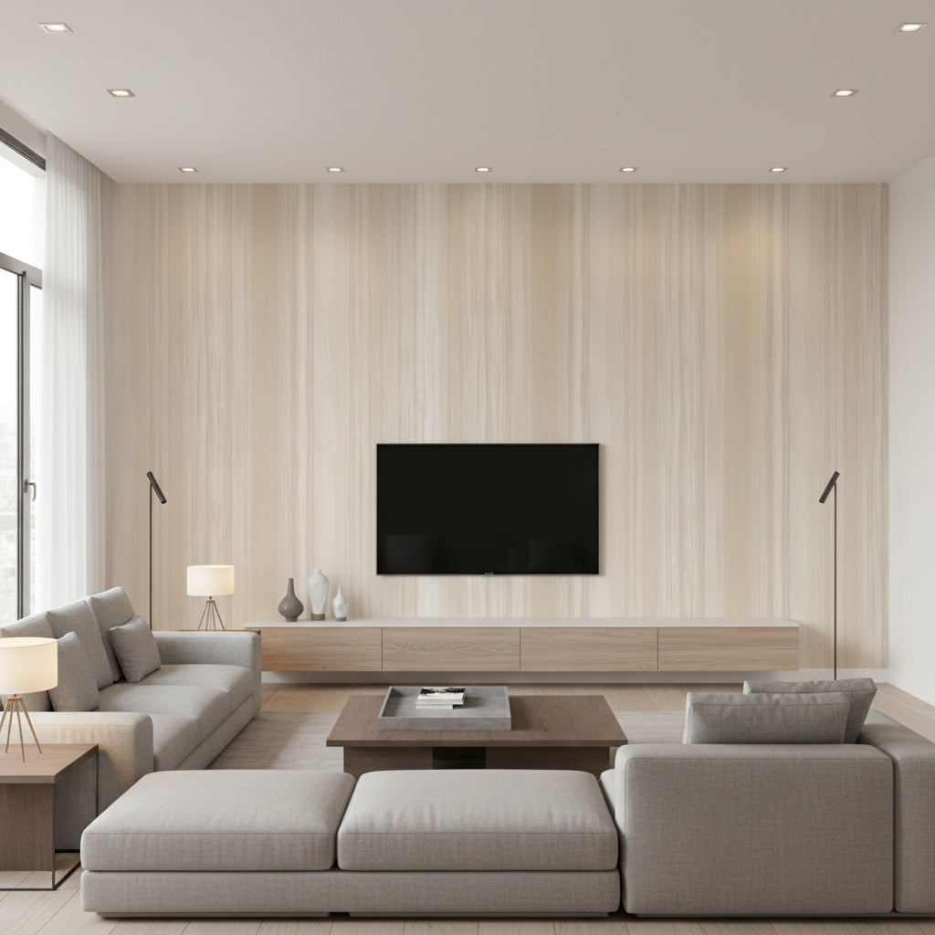 Stripe Contemporary Striped Metallic Pearl and Dusty Rose | Architectural Wallcoverings - Living Room Visualization (AI-generated, may not be to scale. Verify pattern scale with product specifications.)