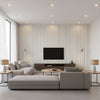 Stripe Contemporary Striped Metallic Pearl and Light Grey | Architectural Wallcoverings - Living Room Visualization (AI-generated, may not be to scale. Verify pattern scale with product specifications.)
