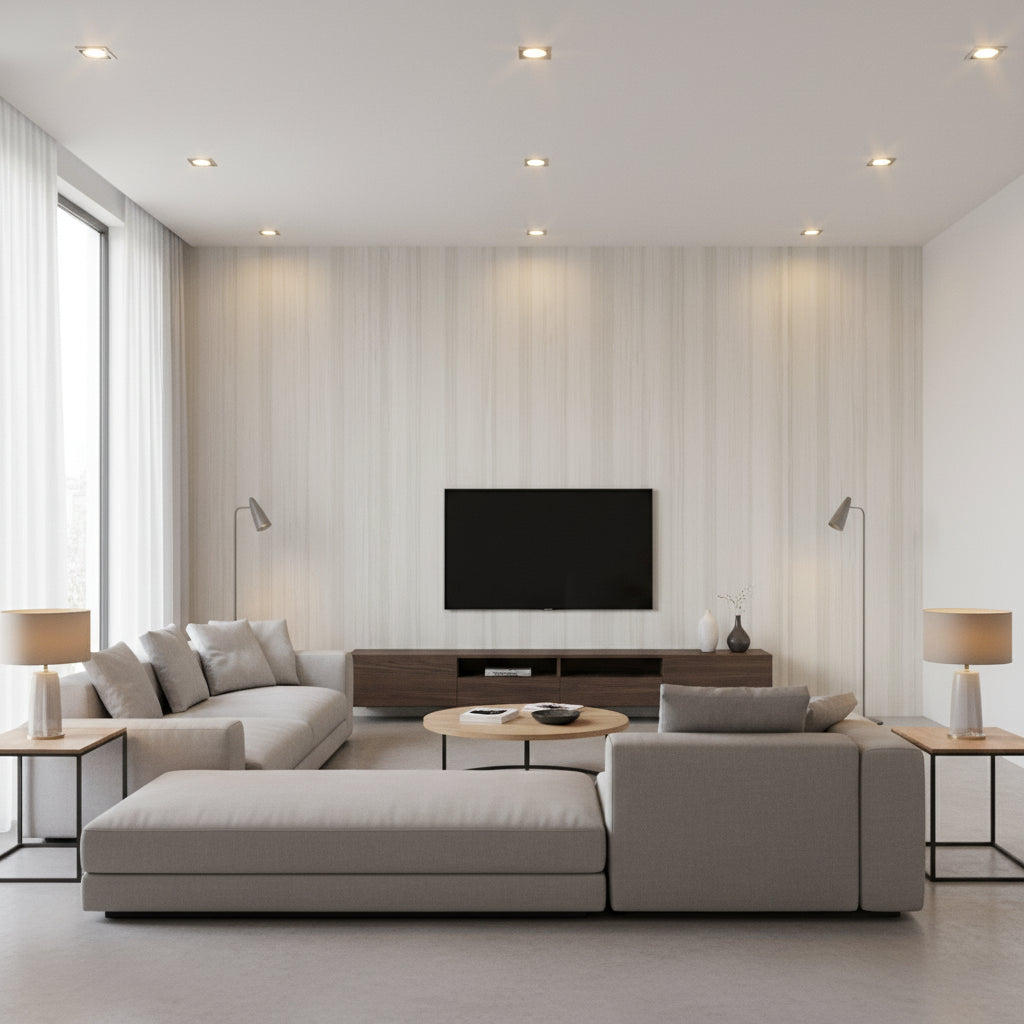 Stripe Contemporary Striped Metallic Pearl and Light Grey | Architectural Wallcoverings - Living Room Visualization (AI-generated, may not be to scale. Verify pattern scale with product specifications.)