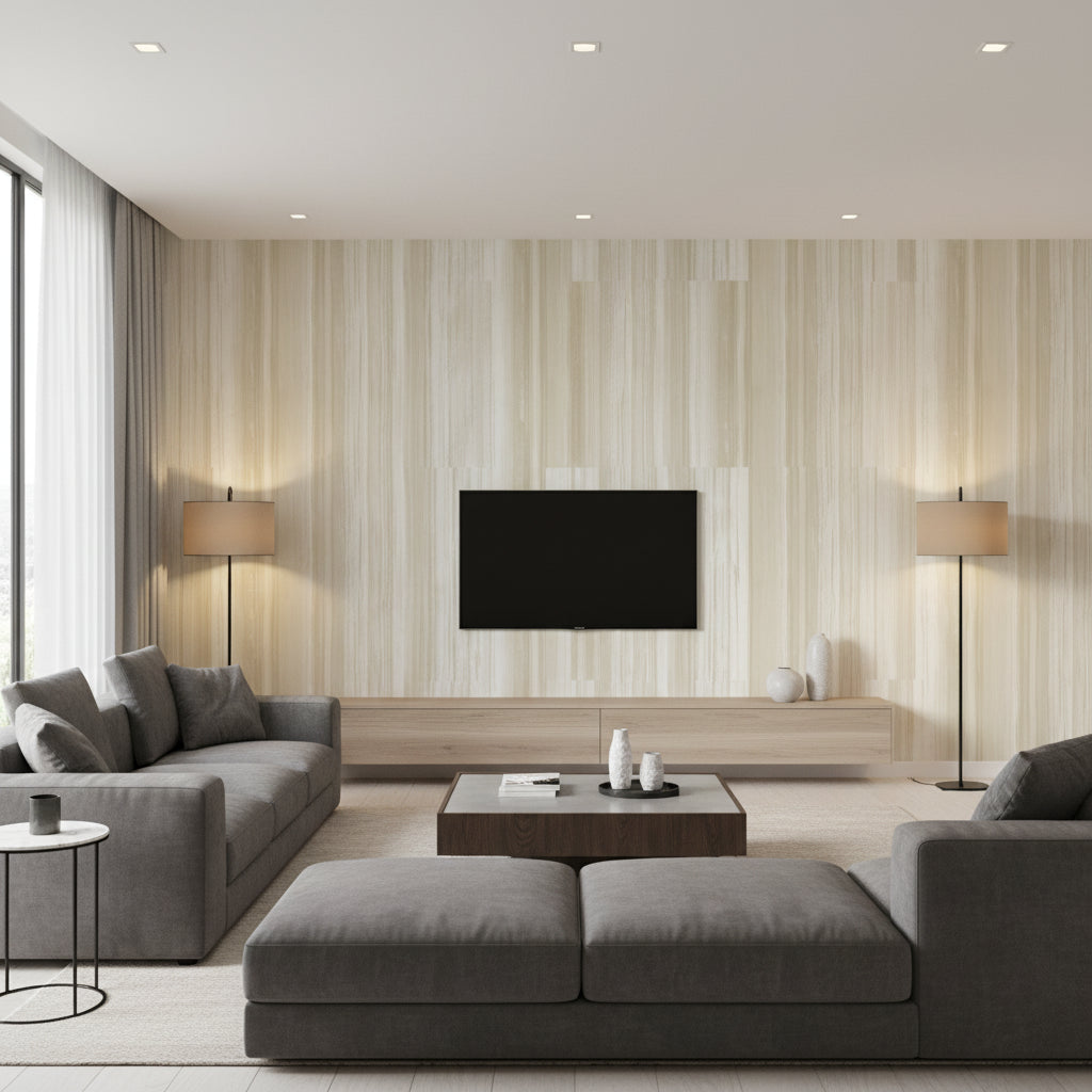 Stripe Contemporary Striped Metallic Ivory and Sand | Architectural Wallcoverings - Living Room Visualization (AI-generated, may not be to scale. Verify pattern scale with product specifications.)