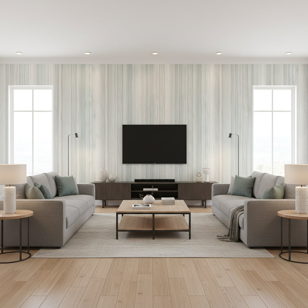 Stripe Contemporary Striped Metallic Silver | Architectural Wallcoverings - Living Room Visualization (AI-generated, may not be to scale. Verify pattern scale with product specifications.)