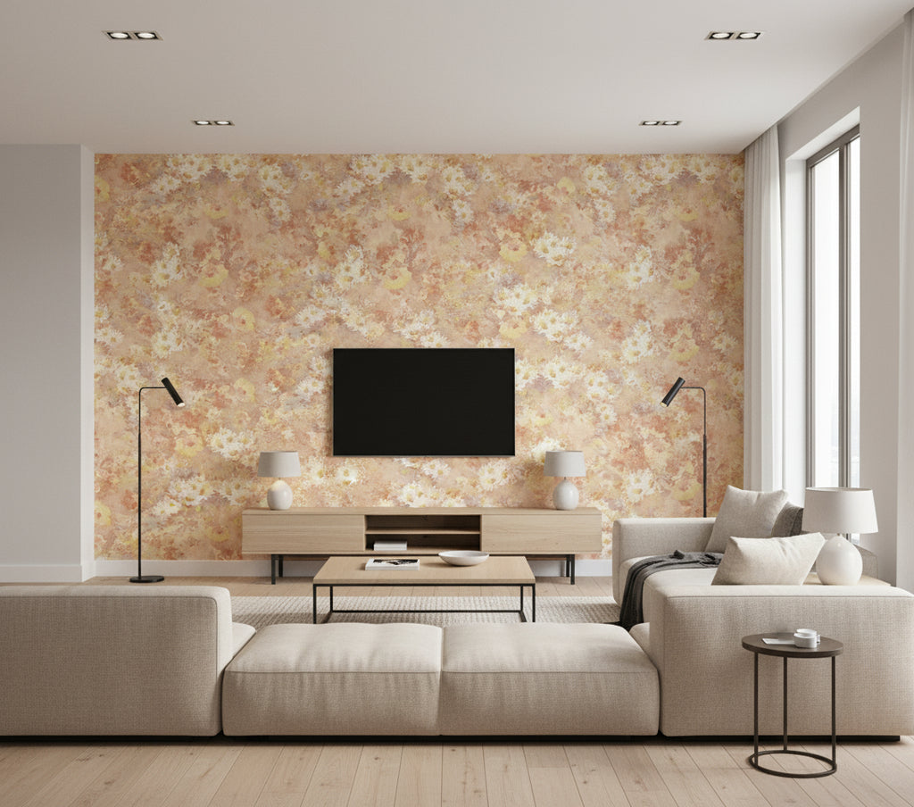 Daisy Contemporary Floral Metallic Rust | Architectural Wallcoverings - Living Room Visualization (AI-generated, may not be to scale. Verify pattern scale with product specifications.)