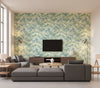Daisy Contemporary Floral Metallic Ivory Yellow | Architectural Wallcoverings - Living Room Visualization (AI-generated, may not be to scale. Verify pattern scale with product specifications.)