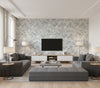 Daisy Contemporary Floral Metallic Silver and Sky Blue | Architectural Wallcoverings - Living Room Visualization (AI-generated, may not be to scale. Verify pattern scale with product specifications.)
