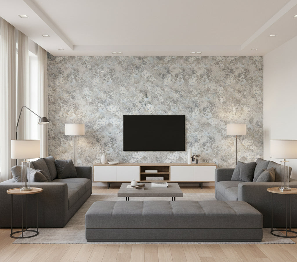 Daisy Contemporary Floral Metallic Silver and Sky Blue | Architectural Wallcoverings - Living Room Visualization (AI-generated, may not be to scale. Verify pattern scale with product specifications.)