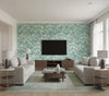 Daisy Contemporary Floral Metallic Powder Blue and Turquoise | Architectural Wallcoverings - Living Room Visualization (AI-generated, may not be to scale. Verify pattern scale with product specifications.)