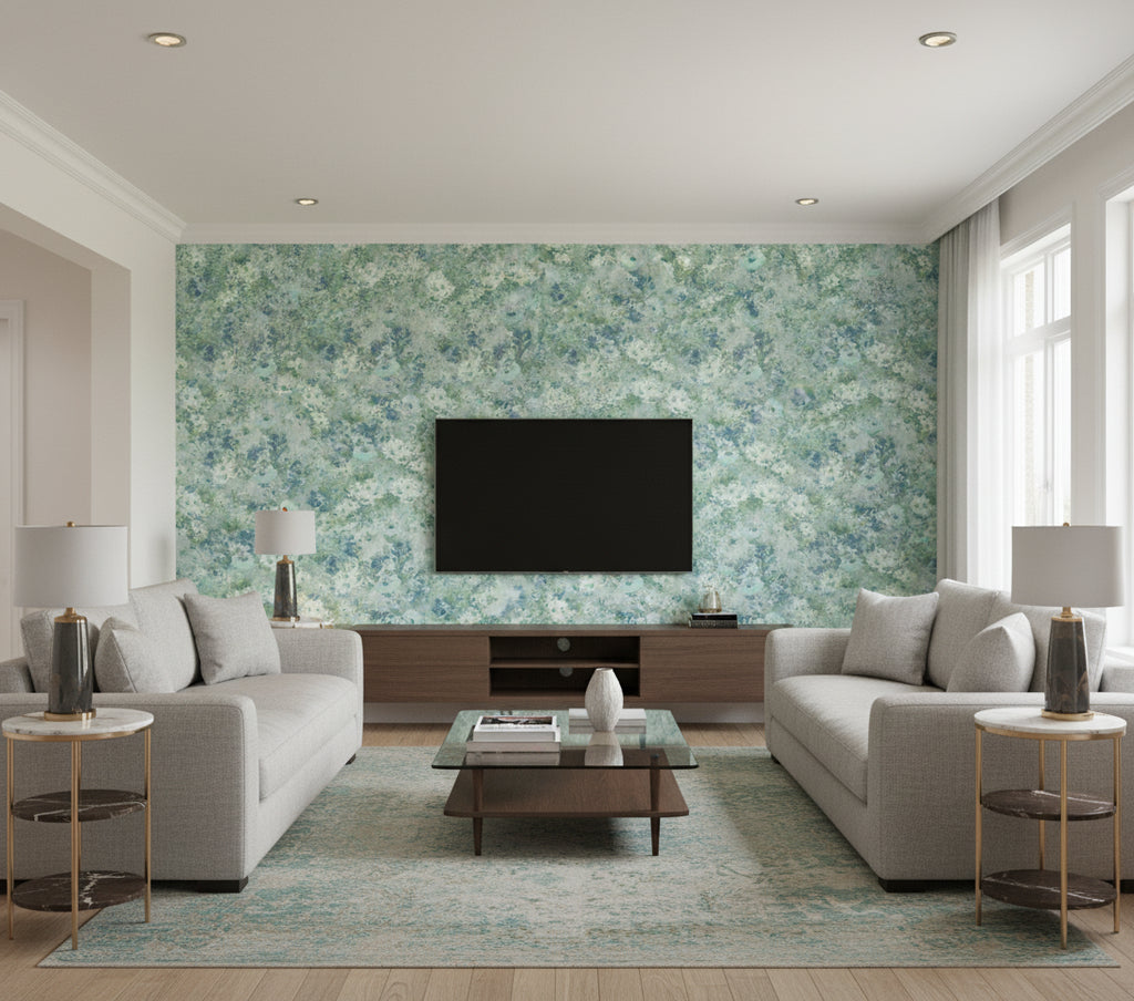 Daisy Contemporary Floral Metallic Powder Blue and Turquoise | Architectural Wallcoverings - Living Room Visualization (AI-generated, may not be to scale. Verify pattern scale with product specifications.)