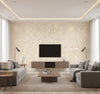 Waterdrop Floral Contemporary Abstract Metallic Champagne and Orange | Architectural Wallcoverings - Living Room Visualization (AI-generated, may not be to scale. Verify pattern scale with product specifications.)