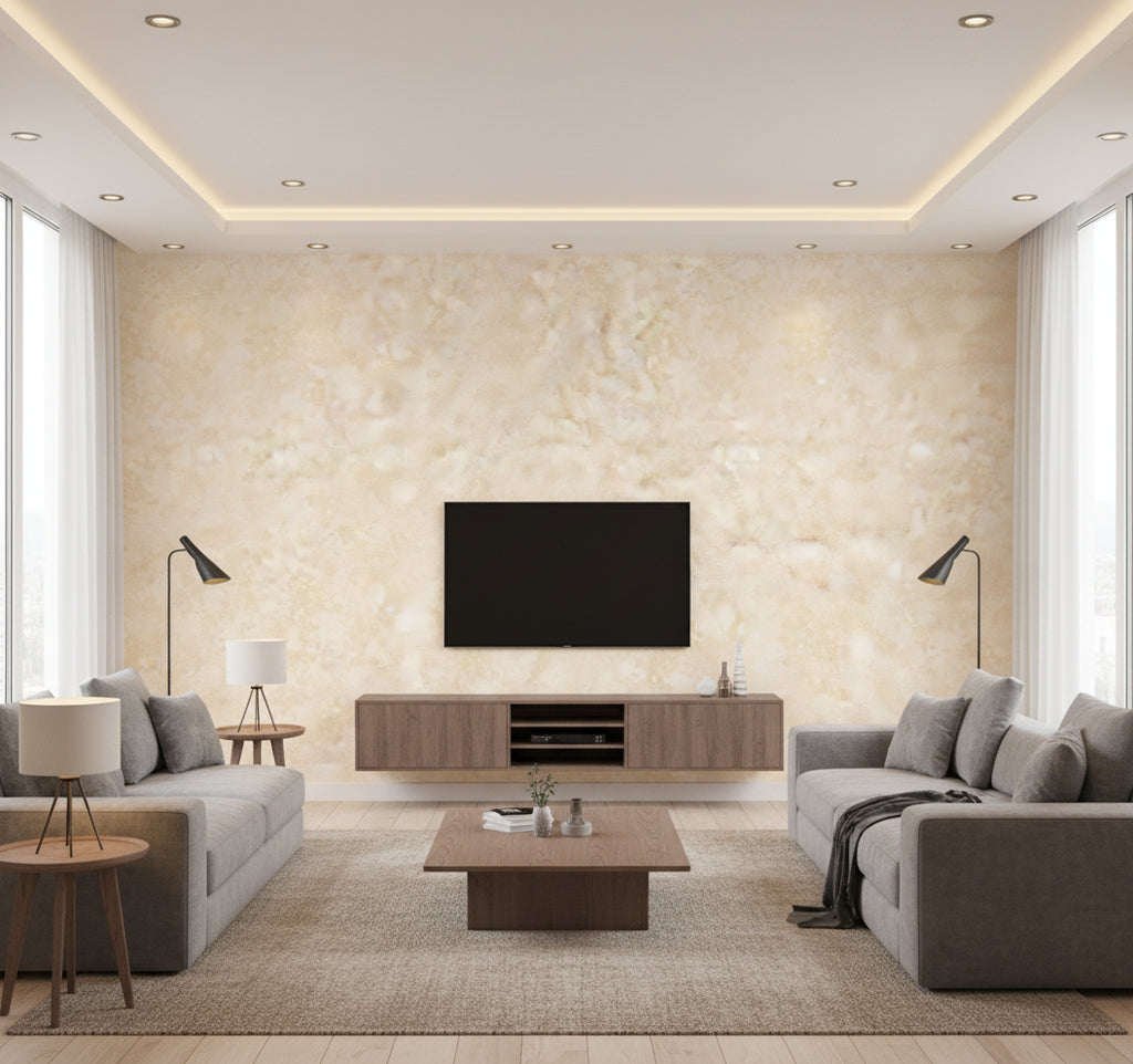 Waterdrop Floral Contemporary Abstract Metallic Champagne and Orange | Architectural Wallcoverings - Living Room Visualization (AI-generated, may not be to scale. Verify pattern scale with product specifications.)
