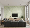 Waterdrop Floral Contemporary Abstract Metallic Lime | Architectural Wallcoverings - Living Room Visualization (AI-generated, may not be to scale. Verify pattern scale with product specifications.)