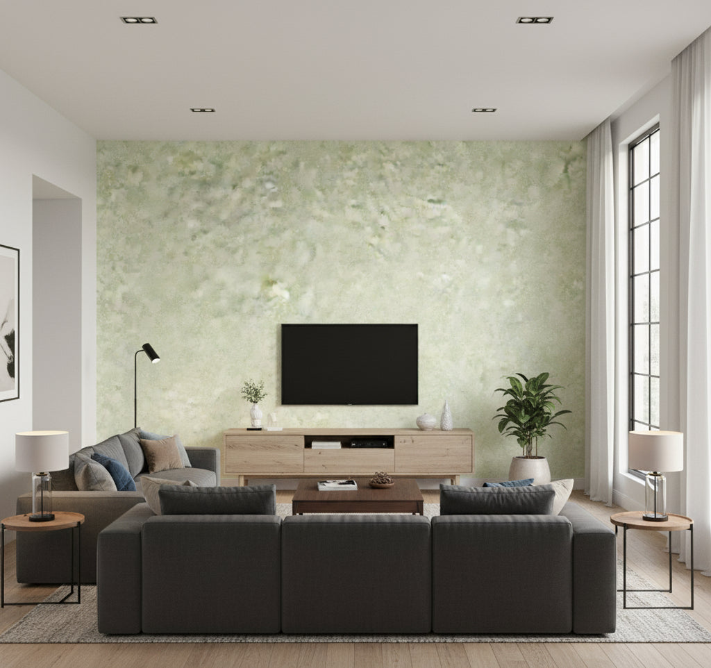 Waterdrop Floral Contemporary Abstract Metallic Lime | Architectural Wallcoverings - Living Room Visualization (AI-generated, may not be to scale. Verify pattern scale with product specifications.)