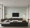 Waterdrop Floral Contemporary Abstract Metallic Sky Blue | Architectural Wallcoverings - Living Room Visualization (AI-generated, may not be to scale. Verify pattern scale with product specifications.)