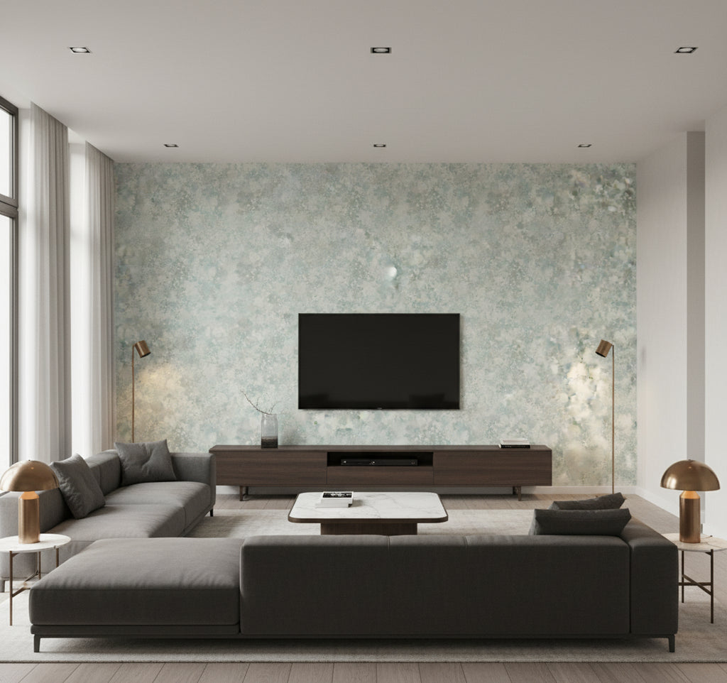 Waterdrop Floral Contemporary Abstract Metallic Sky Blue | Architectural Wallcoverings - Living Room Visualization (AI-generated, may not be to scale. Verify pattern scale with product specifications.)