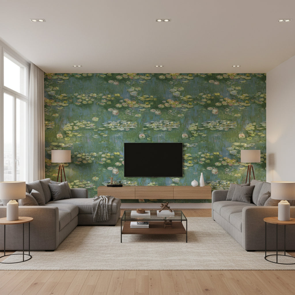 Lily Pads Contemporary Botanical Greenery Denim | Architectural Wallcoverings - Living Room Visualization (AI-generated, may not be to scale. Verify pattern scale with product specifications.)