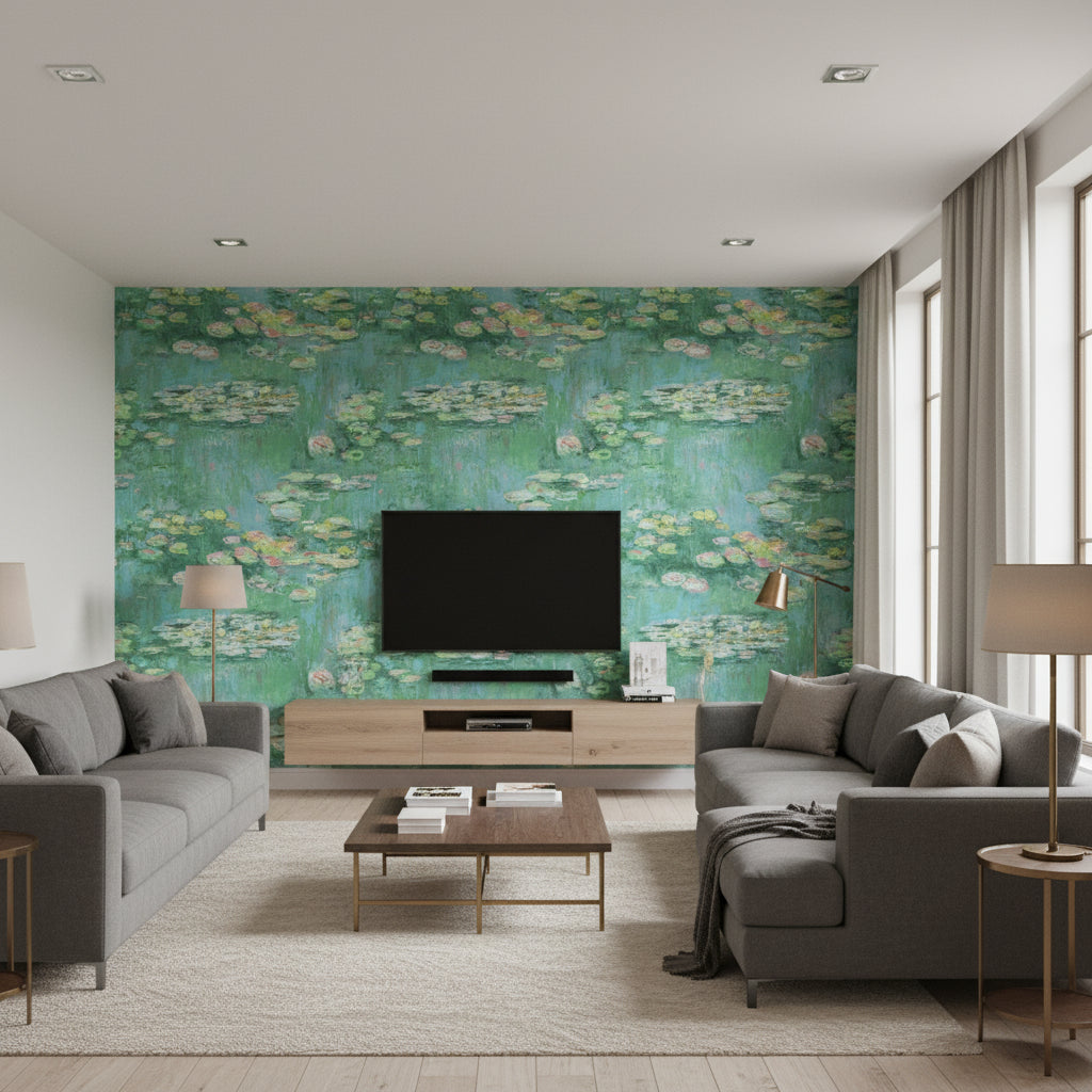 Lily Pads Contemporary Botanical Gold Green | Architectural Wallcoverings - Living Room Visualization (AI-generated, may not be to scale. Verify pattern scale with product specifications.)