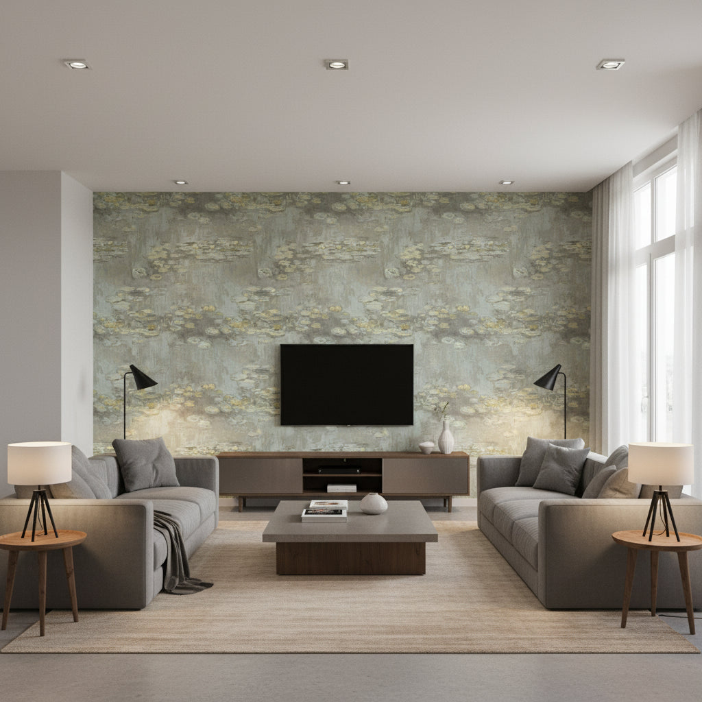 Lily Pads Contemporary Botanical Gray Powder Blue | Architectural Wallcoverings - Living Room Visualization (AI-generated, may not be to scale. Verify pattern scale with product specifications.)