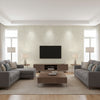Scroll Contemporary Scroll Metallic Gold and Beige | Architectural Wallcoverings - Living Room Visualization (AI-generated, may not be to scale. Verify pattern scale with product specifications.)