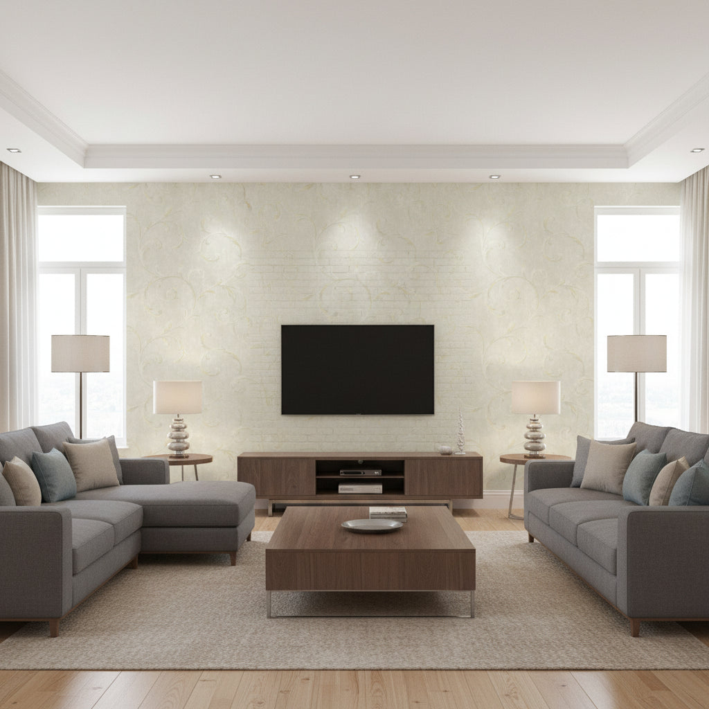 Scroll Contemporary Scroll Metallic Gold and Beige | Architectural Wallcoverings - Living Room Visualization (AI-generated, may not be to scale. Verify pattern scale with product specifications.)